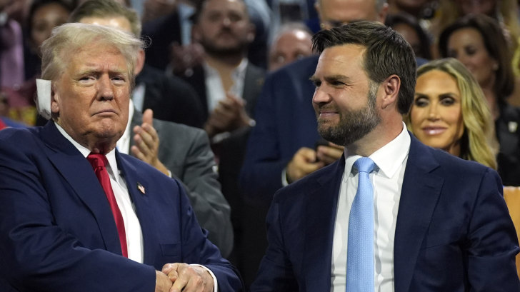 Former US President Donald Trump and his running mate, J.D. Vance, appear on the first day of the Republican National Convention.