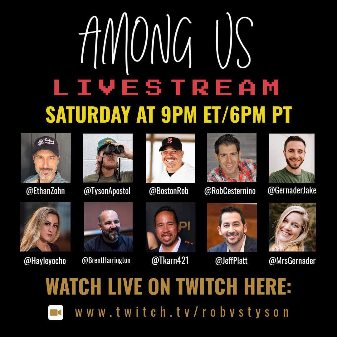 r/survivor - Boston Rob, Tyson Apostol, Ethan Zohn, and Rob Cesternino play "Among Us" LIVE this Saturday!