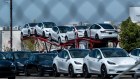 Tesla cars in front of the company’s plant in California. The carmaker has several supply agreements with Australian miners, including Liontown.