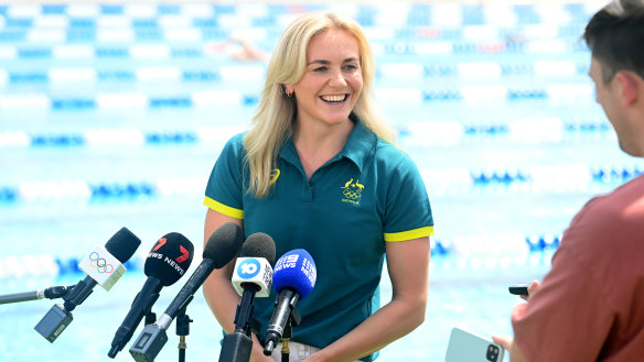 Ariarne Titmus chats to the media at Australia’s team base in Chartres on Wednesday.