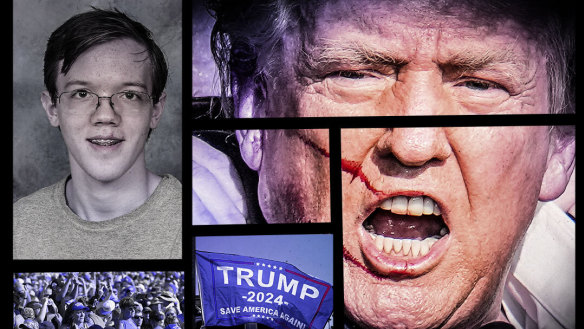 From left: Shooter Thomas Matthew Crooks, the rally at Butler, Pennsylvania, and a wounded Donald Trump.