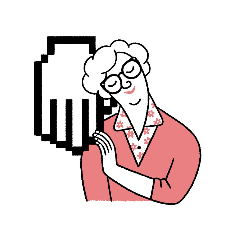 A mouse cursor patting the shoulder of an old lady.