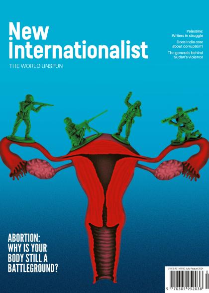 A large red illustration of a uterus with green toy soldiers on it sits in the centre of a blue background with white text