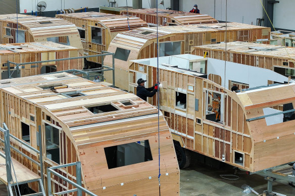 Caravans being manufactured by hand in a factory in Campbellfield in Melbourne’s north.