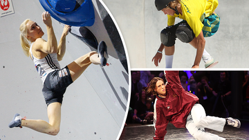 Slovenian sport climber Janja Garnbret (left), Australian skateboarder Keegan Palmer (top right) and Australian breaking star Rachael Gunn.