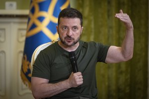 Ukrainian President Volodymyr Zelenskyy speaks during a press conference in Kyiv, Ukraine, Monday, July 15, 2024.