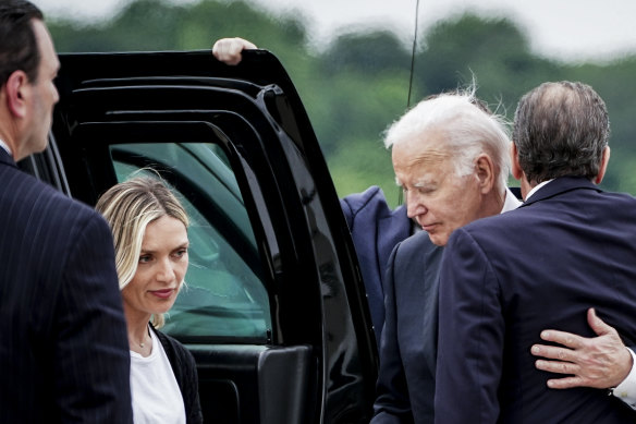 President Joe Biden embraces his son, Hunter Biden, on the tarmac after arriving in Wilmington, Delaware, last month.