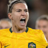 Steph Catley celebrates after scoring from the spot against Ireland, 24 hours after Sam Kerr knocked on her hotel room door.