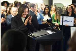 Vice President Kamala Harris speaks at her campaign headquarters in Wilmington, Del., Monday, July 22, 2024.