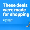 Text 'These deals were made for shopping', the prime day logo next to a camera, a golden electric kettle, and a shoe over a blue background. 