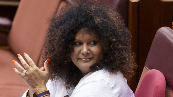 Assistant Minister for Indigenous Australians and Assistant Minister for Indigenous Health Malarndirri McCarthy in the Senate at Parliament House in Canberra on Wednesday 8 November 2023. fedpol Photo: Alex Ellinghausen