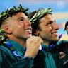 Ian Thorpe and Grant Hackett after winning gold and silver in the 400m freestyle at Athens 2004.