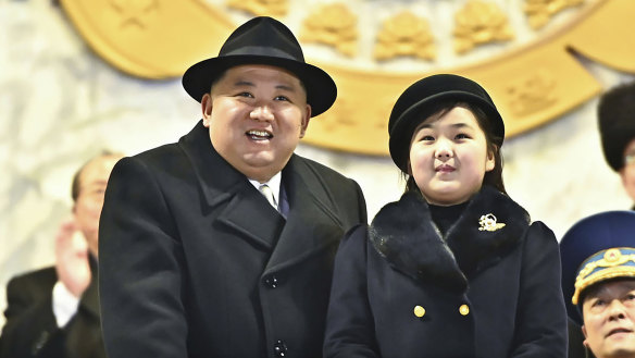 North Korean leader Kim Jong Un, centre with his daughter Kim Ju Ae, attend a military parade to mark the 75th founding anniversary of the Korean People’s Army in February 2023.