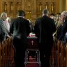 The coffin of David Morrow is taken into St Brigid’s Catholic Church in Coogee.