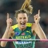 Nicola Olyslagers flying high at last year’s world athletics championships in Budapest.