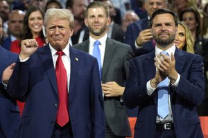 FILE - Republican presidential candidate former President Donald Trump, left, and Republican vice presidential candidate Sen. JD Vance, R-Ohio, attend the Republican National Convention, July 15, 2024, in Milwaukee. Vice President Kamala Harris and her Democratic allies are increasingly branding Trump and Vance as "weird." Democrats are applying the label with gusto in interviews and online.