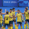 Australia’s Blake Glovers, fourth left, celebrates after scoring his side’s first goal against Argentina at Paris 2024.