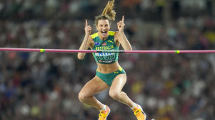 Nicola Olyslagers flying high at last year’s world athletics championships in Budapest.