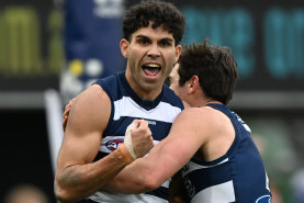 Tyson Stengle celebrates a goal during Saturday’s victory in Hobart.