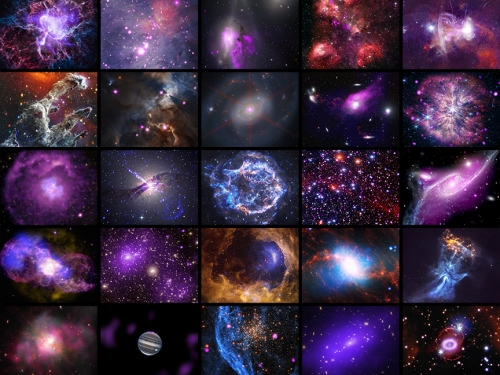 A collage of square images showing various brightly colored stars, nebulas and galaxies in space.