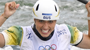 Jess Fox celebrates her second gold medal of the Paris Games.