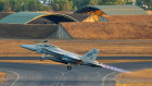 A Royal Australian Air Force FA-18F Super Hornet aircraft departs RAAF Base Darwin for a night flying mission as part of Exercise Pitch Black 2024.