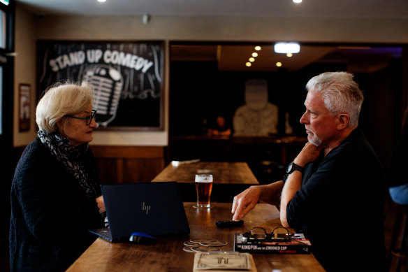 Kate McClymont and author Neil Mercer talk crime at the Iron Duke Hotel.