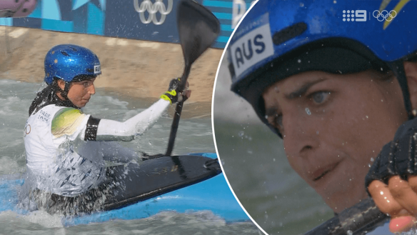 Jess Fox pushes hard but is unable to dislodge the fastest time with her first run in the kayak cross. © International Olympic Committee