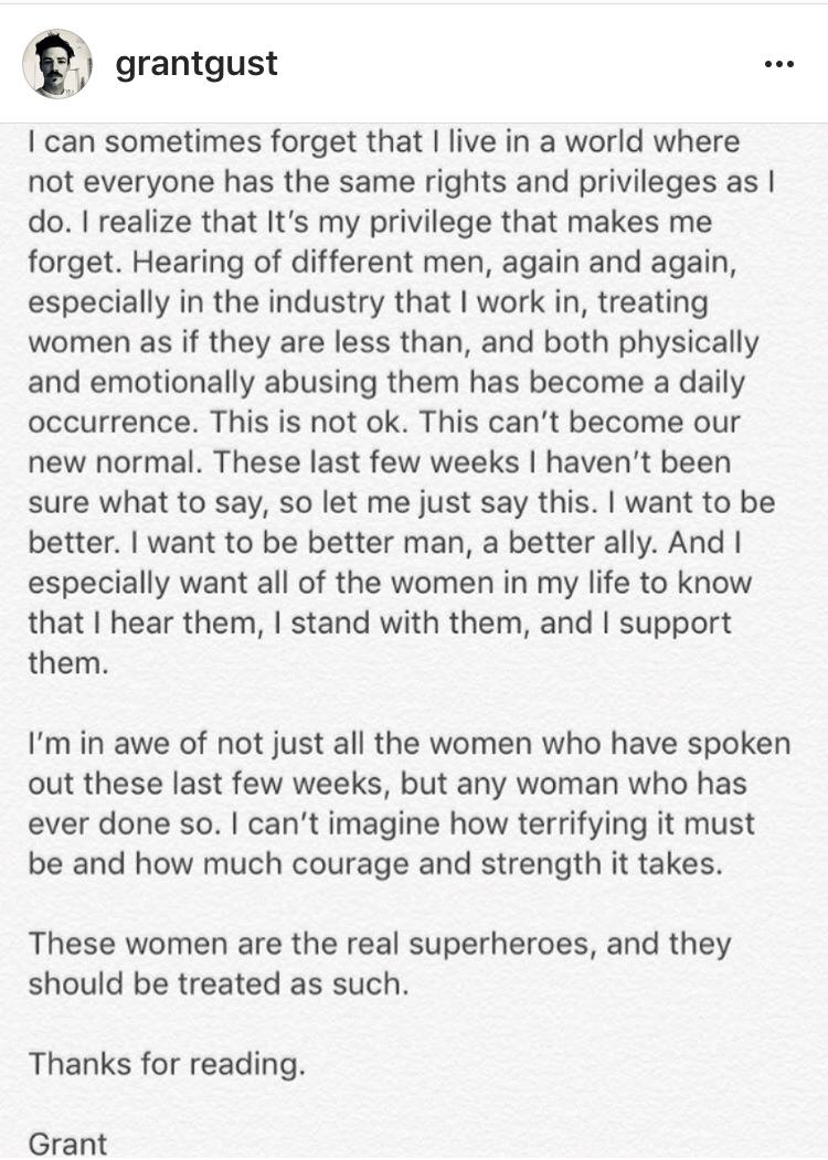 r/FlashTV - Grant Gustin’s response to Andrew Kreisberg’s sexual harassment.