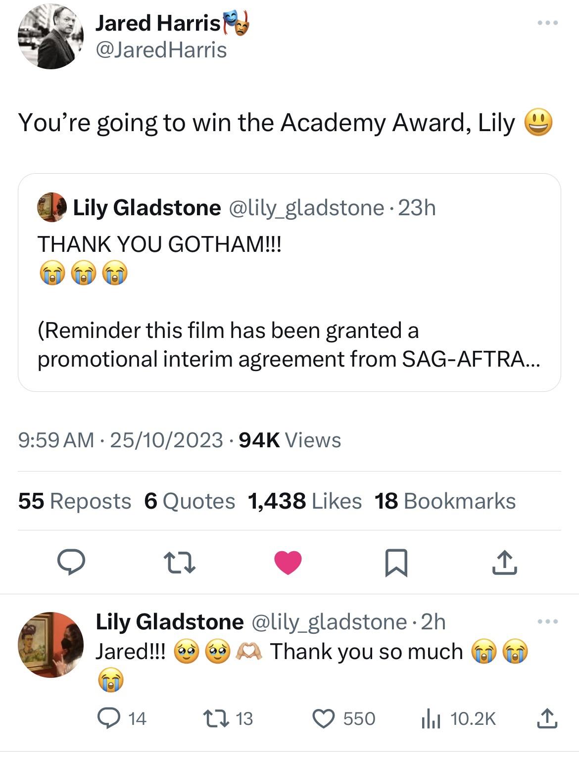 r/oscarrace - Jared Harris is team Lily Gladstone for the Oscar