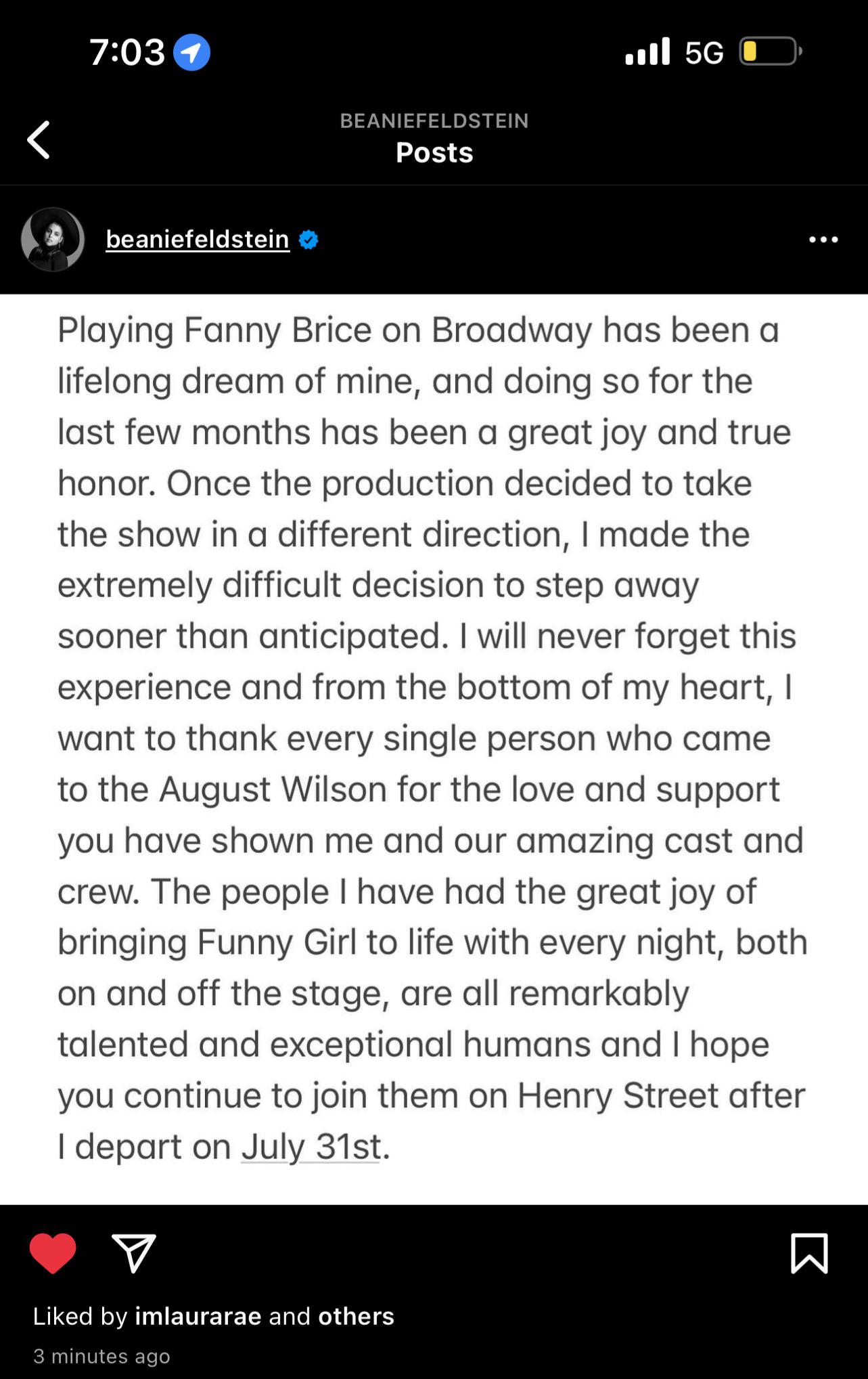 r/Broadway - Beanie Feldstein “quitting” Funny Girl