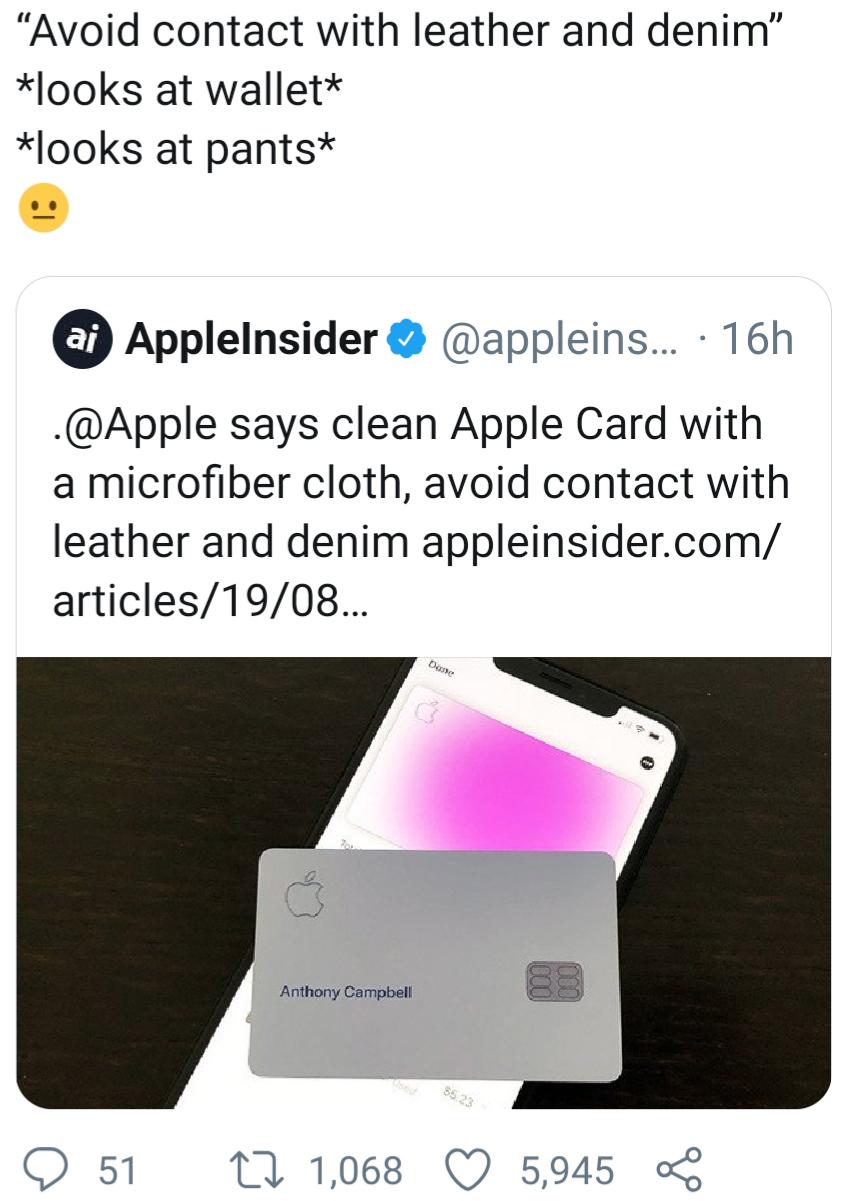 r/CrappyDesign - The new Apple Card needs to avoid contact with leather and denim