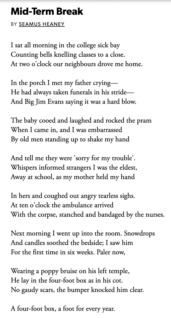 r/Poetry - [POEM] "Mid-Term Break" by Seamus Heaney