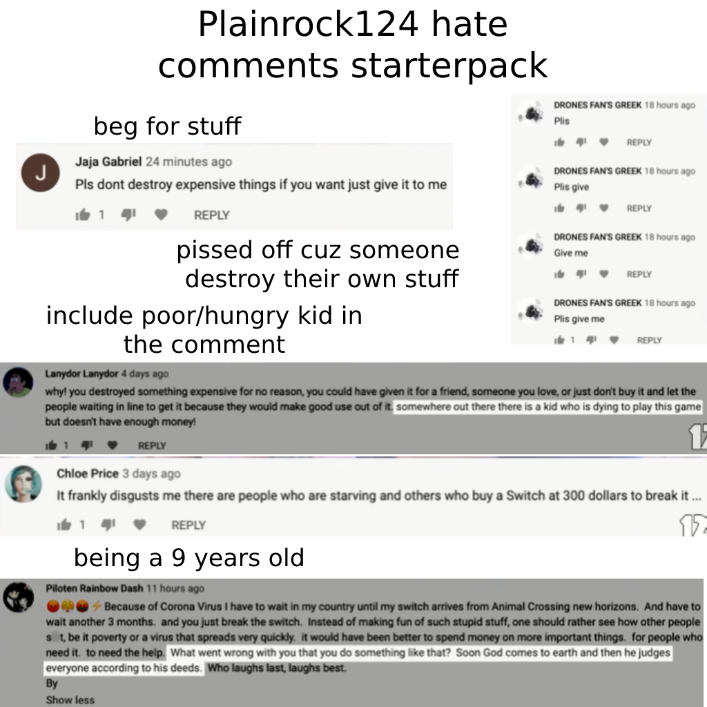 r/starterpacks - Plainrock124 hate comments starterpack