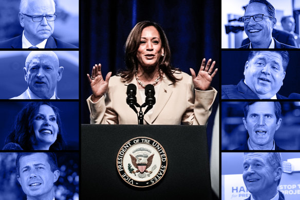 Current VP and Democratic presidential nominee Kamala Harris flanked by her potential vice presidents.