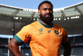 PARIS, FRANCE - SEPTEMBER 07: Marika Koroibete of the Wallabies poses ahead of the Rugby World Cup France 2023, at Stade de France on September 07, 2023 in Paris, France. (Photo by Chris Hyde/Getty Images)