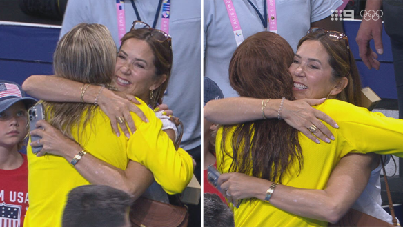 Queen Mary hugs Ariarne Titmus after Team Australia wins gold in the 4x200m women's freestyle relay. © International Olympic Committee