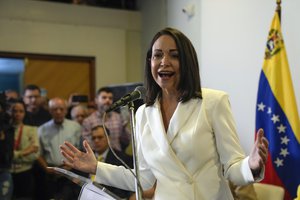 Maria Corina Machado speaks during a ceremony with the Opposition Primary Commission to recognize her electoral win in the opposition-organized primary election to choose a presidential candidate in Caracas, Venezuela, Thursday, Oct. 26, 2023