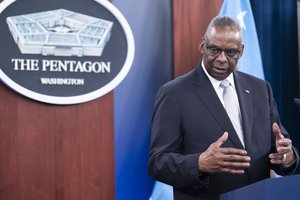 Defense Secretary Lloyd Austin speaks at a Pentagon press briefing at the Pentagon on Thursday, Feb. 1, 2024 in Washington.