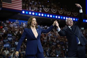 Democratic presidential nominee Vice President Kamala Harris and her running mate Minnesota Gov. Tim Walz speak at a campaign rally in Philadelphia, Tuesday, Aug. 6, 2024.