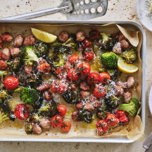 Broccoli and sausage tray bake.