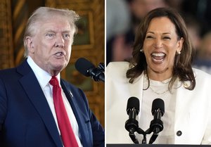 Republican presidential nominee former President Donald Trump speaks to reporters during a news conference, Aug. 8, 2024, in Palm Beach, Fla., left, and Democratic presidential nominee Vice President Kamala Harris speaks at a campaign rally, Aug. 7, 2024, in Romulus, Mich.