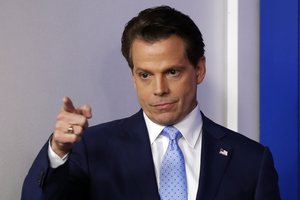 Anthony Scaramucci, incoming White House communications director, points as he arrives during a press briefing at the White House, Friday, July 21, 2017, in Washington