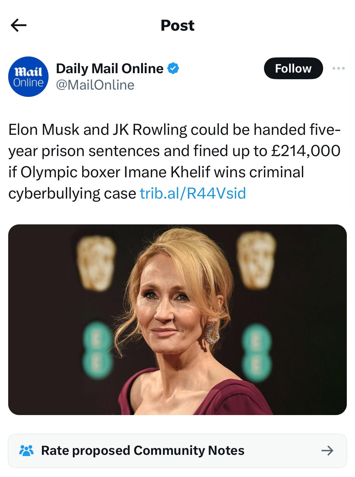 r/Fauxmoi - Elon Musk and JK Rowling could be handed five-year prison sentences and fined up to £214,000 if Olympic boxer Imane Khelif wins criminal cyberbullying case