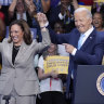 President Joe Biden and Vice President Kamala Harris finish speaking about their administration’s efforts to lower prescription drug costs during an event at Prince George’s Community College in Largo, Maryland.