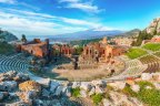 The ruins of an ancient Greek theatre in Taormina, Sicily. 