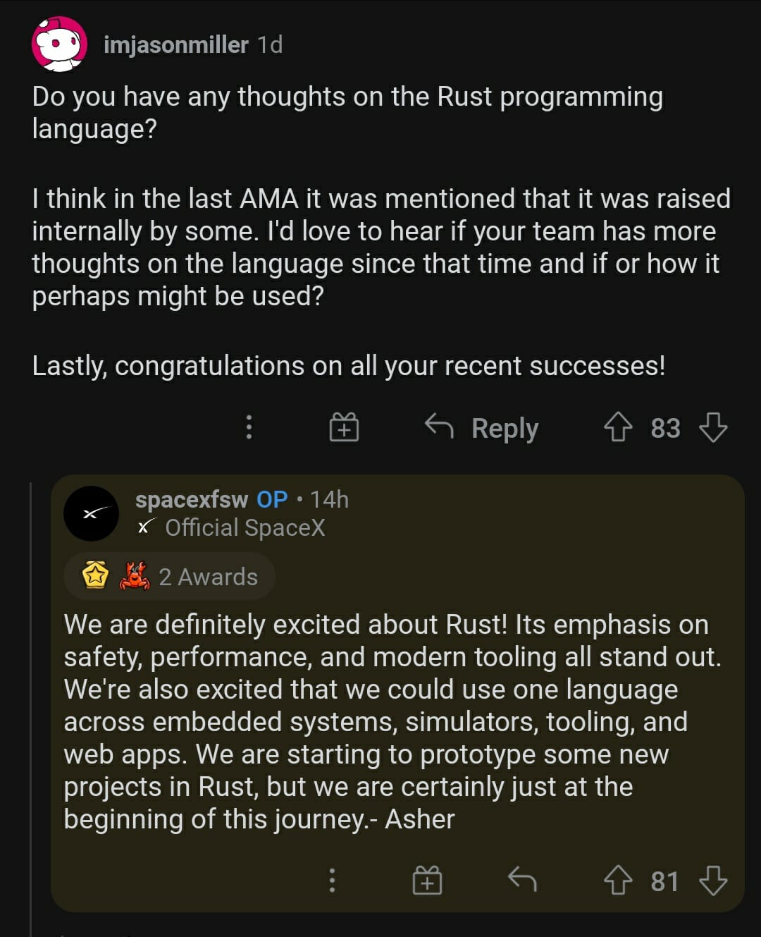 r/rust - SpaceX about the Rust Programming Language!