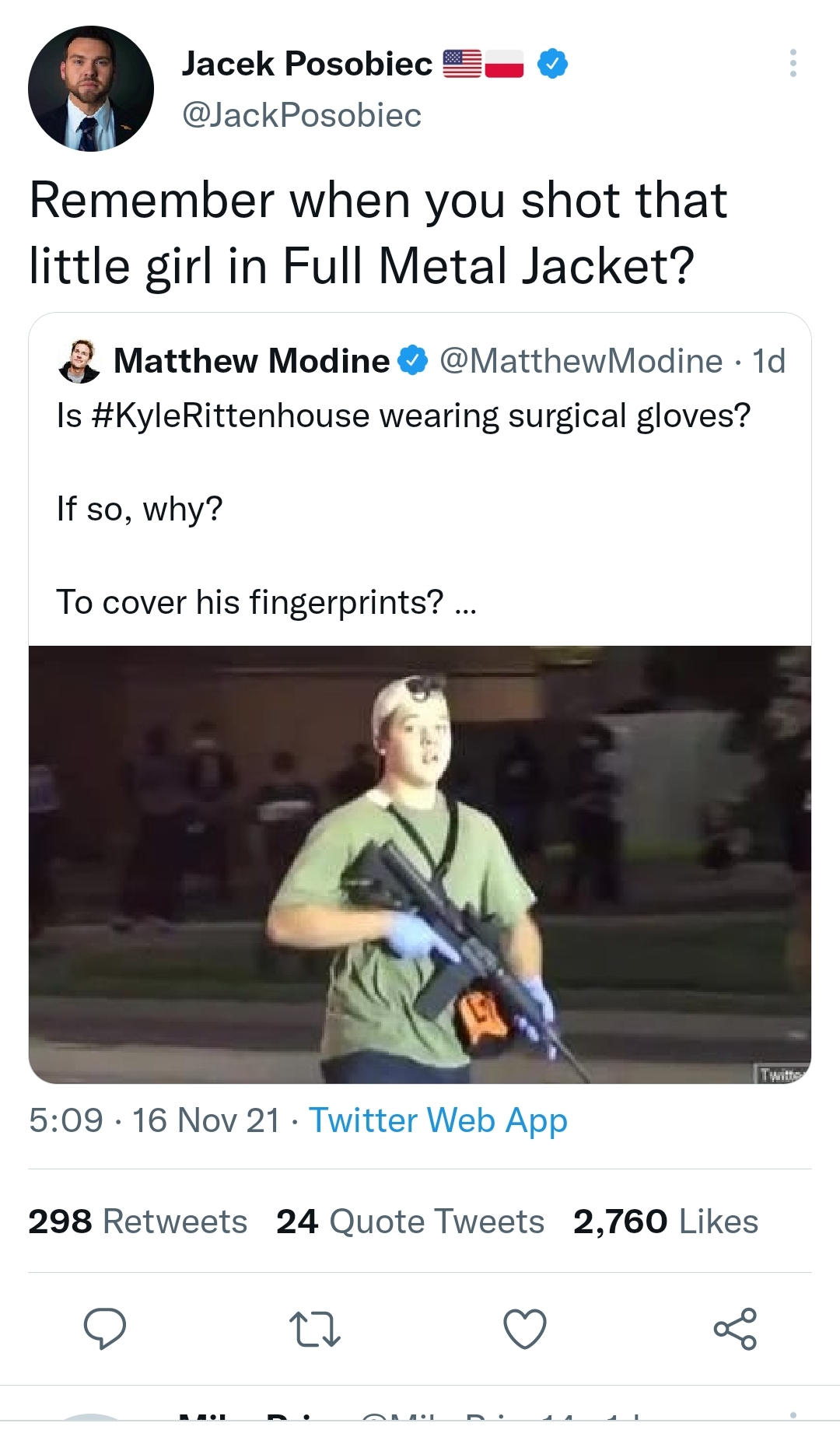 r/ParlerWatch - Checkmate atheists! Jack Posobiec thinks he catches out actor Matthew Modine because he once played a character that shot someone