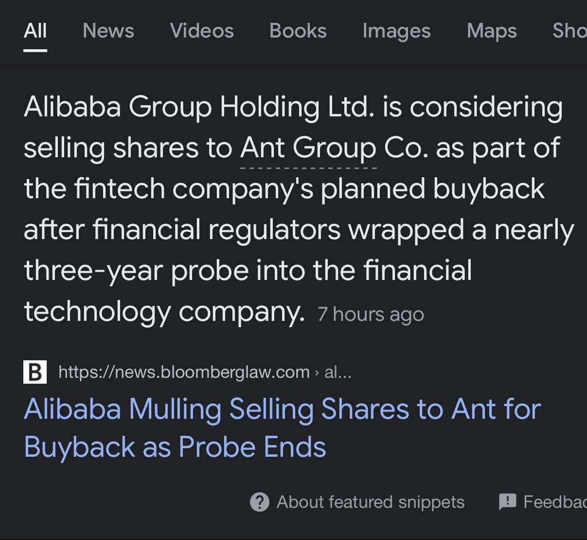 r/baba - Alibaba is considering selling shares to Ant Group Co