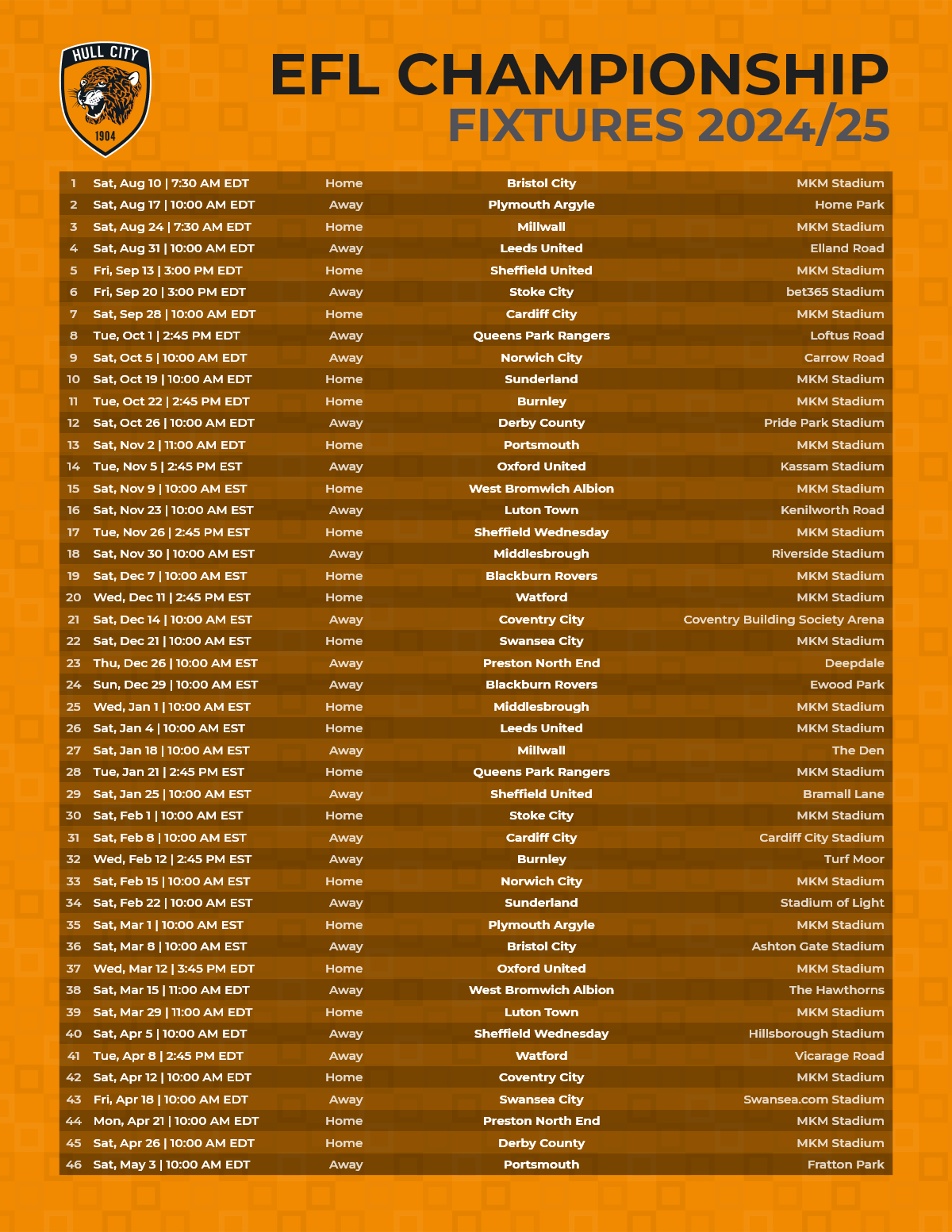 r/HullCity - Customize and download the EFL Championship 2024/25 schedule poster for Hull City - soccer-fixtures.com